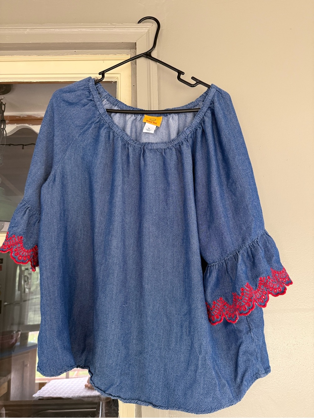 Ruby Rd. Blue Peasant Blouse with Red Lace Cuffs